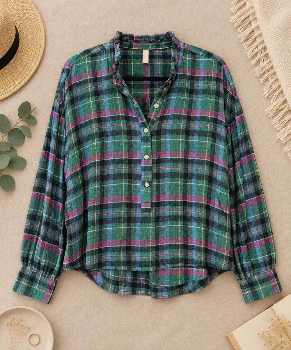 Anthropologie Pilcro Plaid Henley Top Green Pink Oversized Blouse Indie Size M